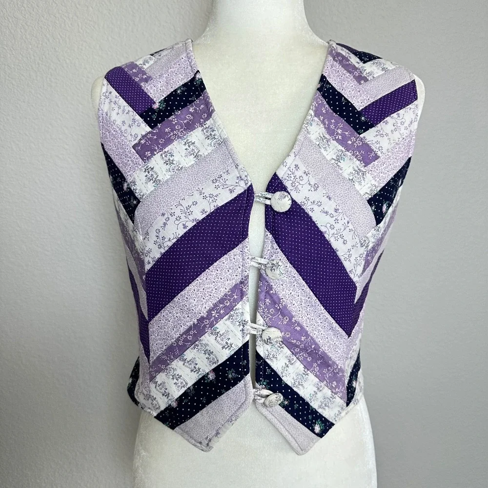 Handmade Purple Quilted Patchwork Vest Floral Chevron Cottagecore XS Small